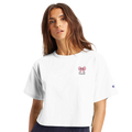 T-shirt blanc pour femme présenté de face et de dos, avec petit nœud rose sur la poitrine et grand nœud rose au dos, style casual et féminin.