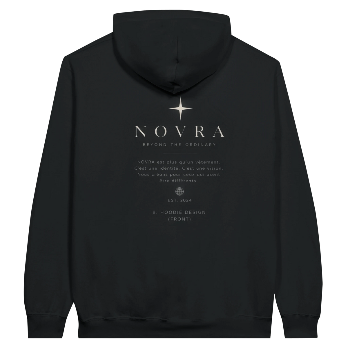 Sweat à capuche noir NOVRA vu de dos avec logo NOVRA et design graphique minimaliste, style streetwear.