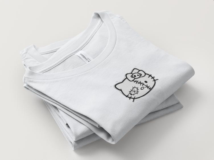 T-shirt blanc pour femme avec motif chat kawaii noir, petit imprimé à l’avant et grand design graphique au dos, style streetwear mignon et tendance.