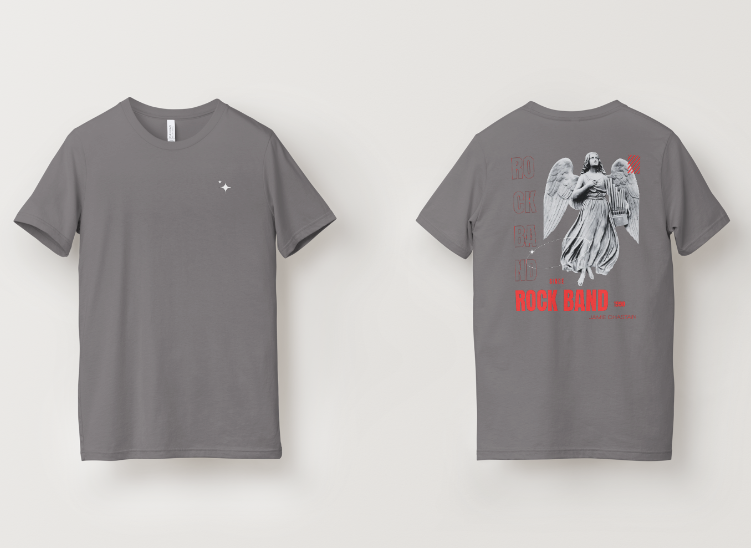T-shirt gris NOVRA présenté de face et de dos, avec détail minimaliste à l’avant et grand motif ange Rock Band au dos, style streetwear vintage, audacieux et tendance.