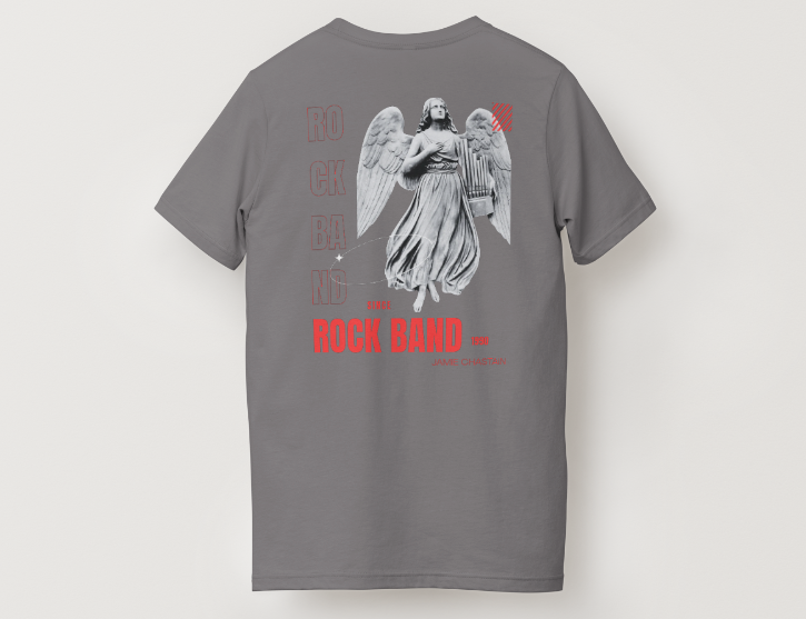 T-shirt gris NOVRA présenté de face et de dos, avec détail minimaliste à l’avant et grand motif ange Rock Band au dos, style streetwear vintage, audacieux et tendance.